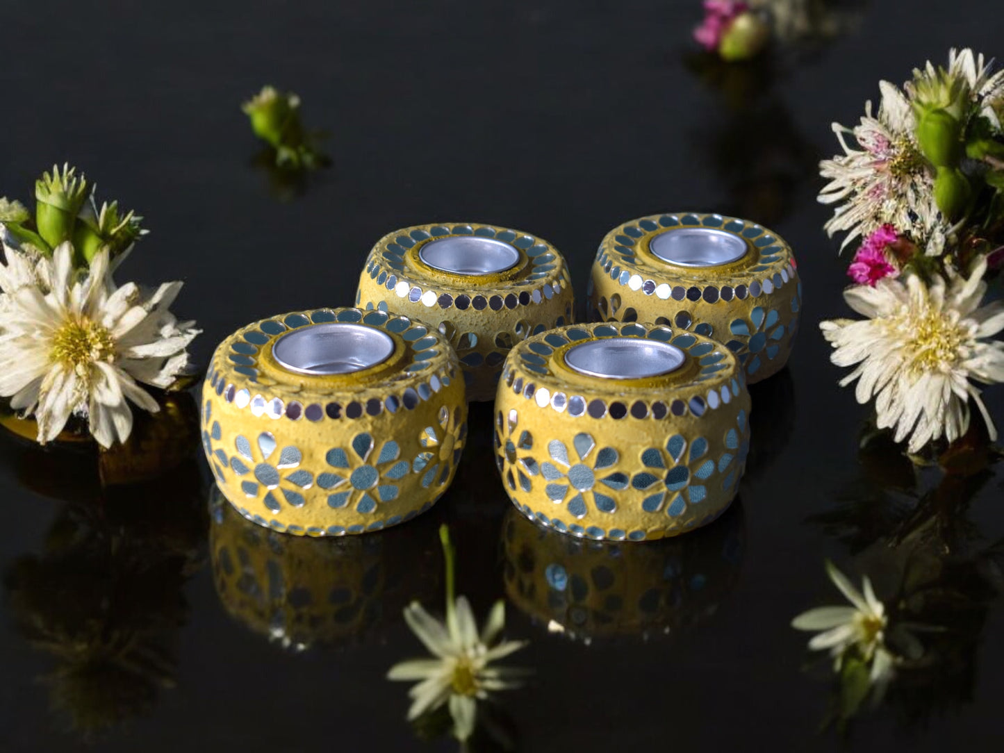 Leela floral tea light candle holder yellow